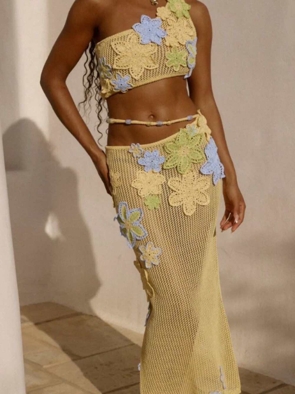 Bydee Yellow Crochet Knit Floral Dress Small NWT